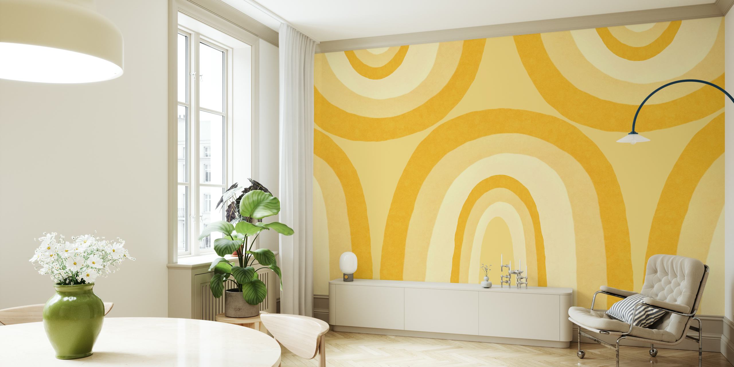 Papier peint arc-en-ciel boho jaune chaud dans une pièce